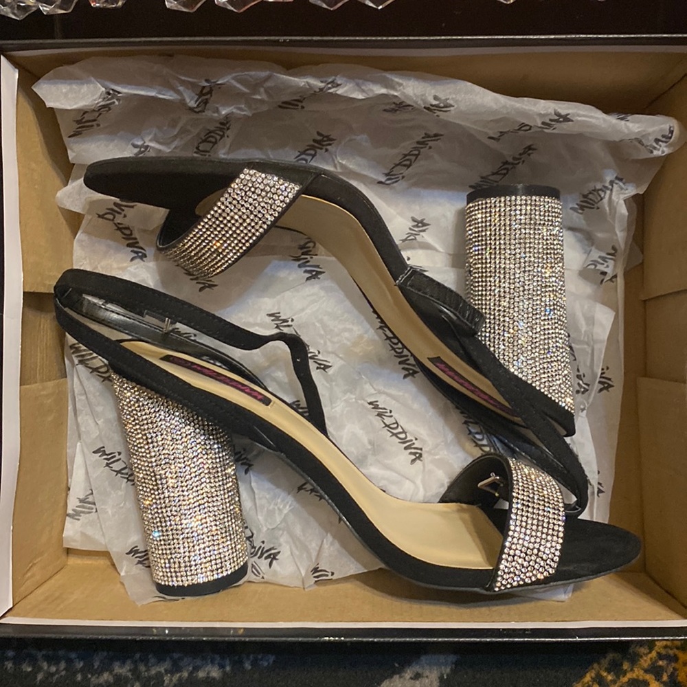 Wild Diva Black Suede W/ Rhinestones Ankle Strap Heel